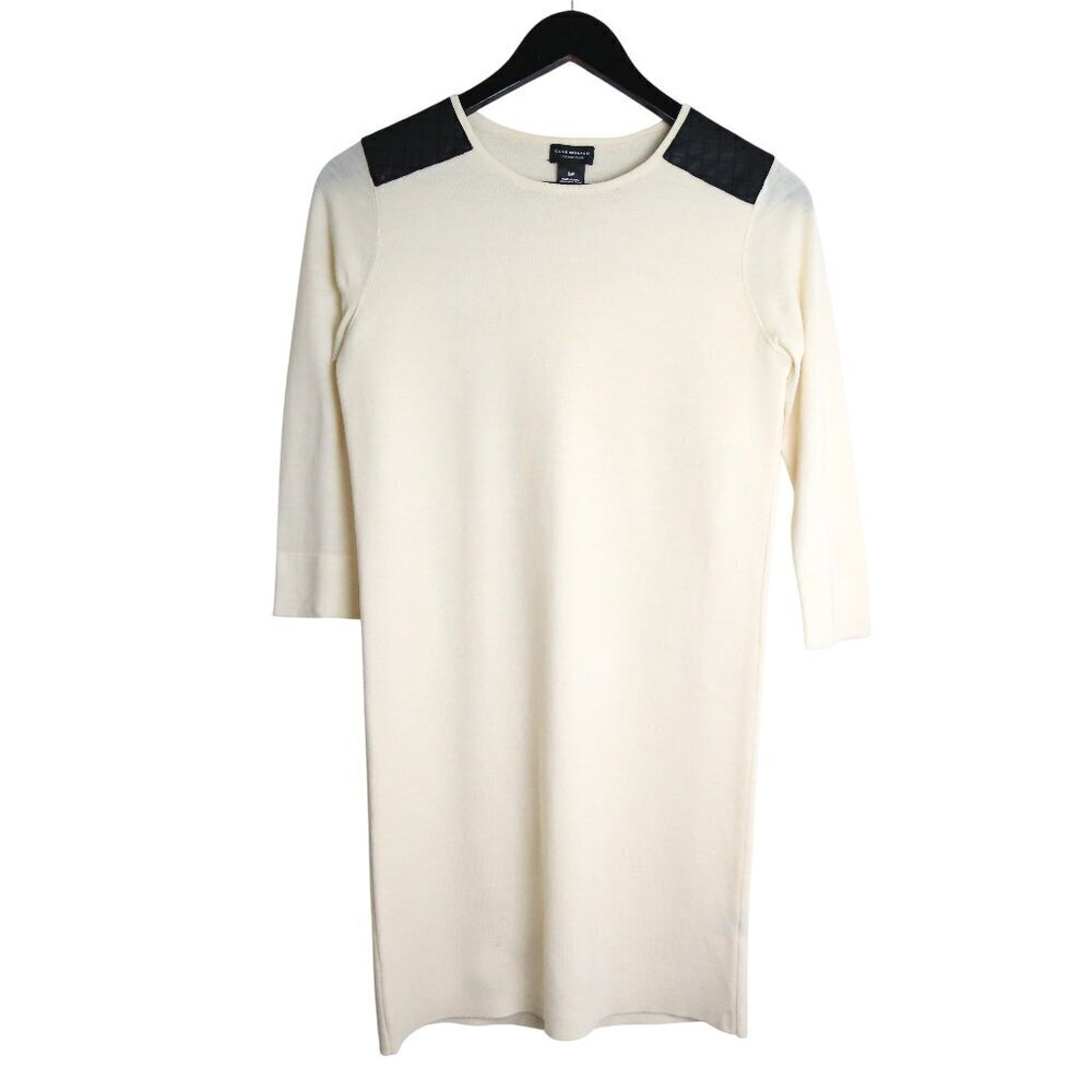 Club Monaco 100% Wool Cream 3/4 Sleeve Dress with Leather Accents Size Small